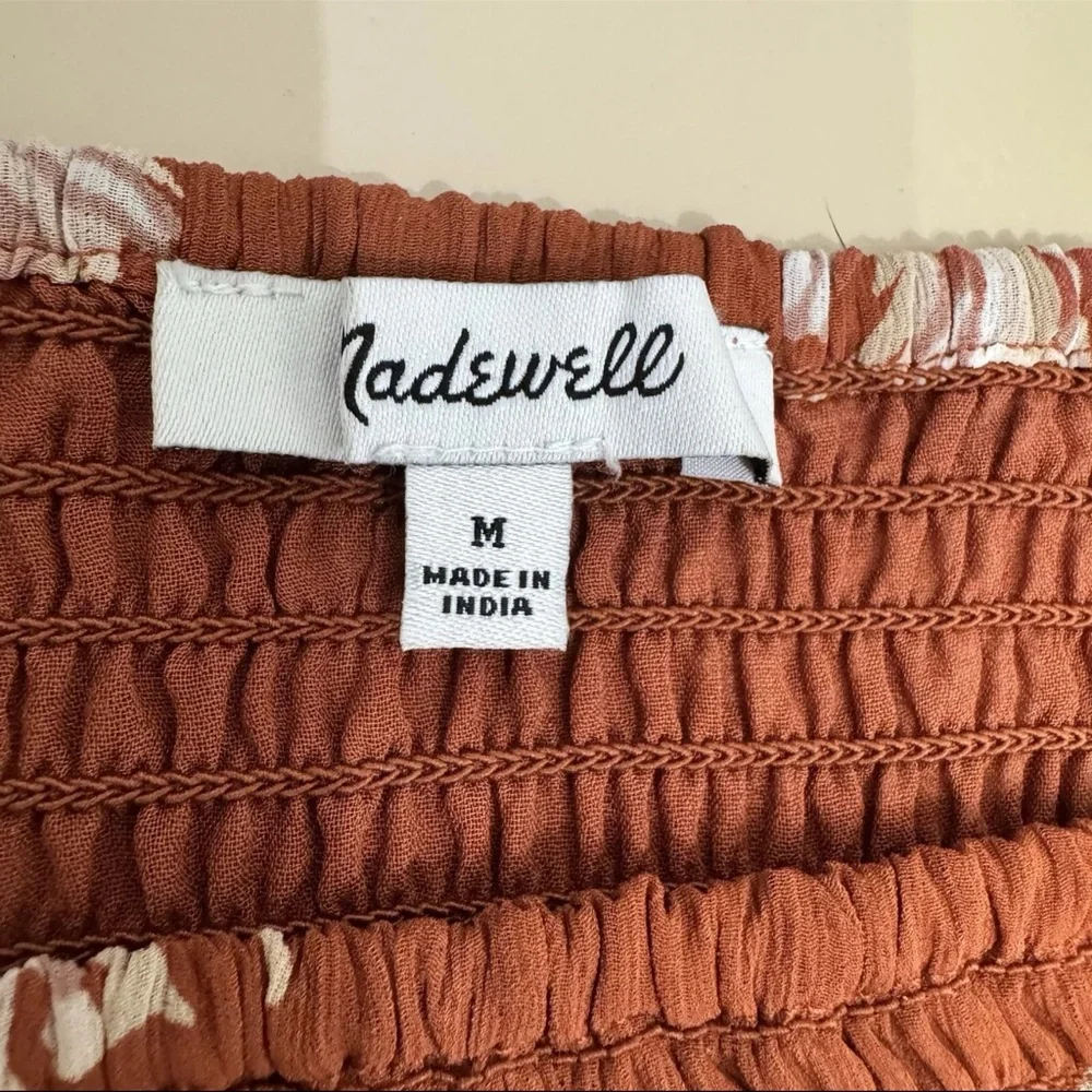 Madewell Georgette Lucie Puff Sleeve Smocked Top Rust Floral Square Neck Size M